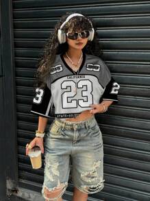 Slaydiva 女士休闲23#字母图案V领宽松短款5袖网眼T恤，适合夏季运动比赛 - 彩色 - 查看 3