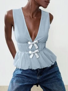 Lumivelle Women's Elegant Bow Decor Camisole, Summer Roupa Para A Universidade