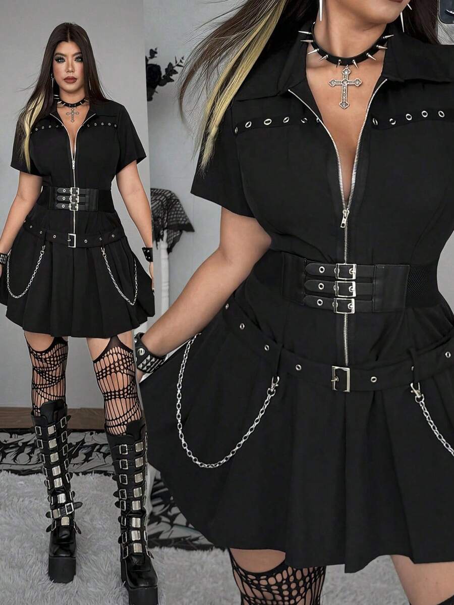 SHEIN Whyspr 大码深色款式褶边连衣裙