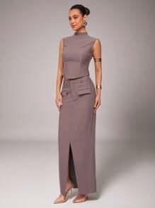 Silquee Damska jednolita szara spódnica maxi z rozcięciem na dole na lato - Szary - Zobacz 1