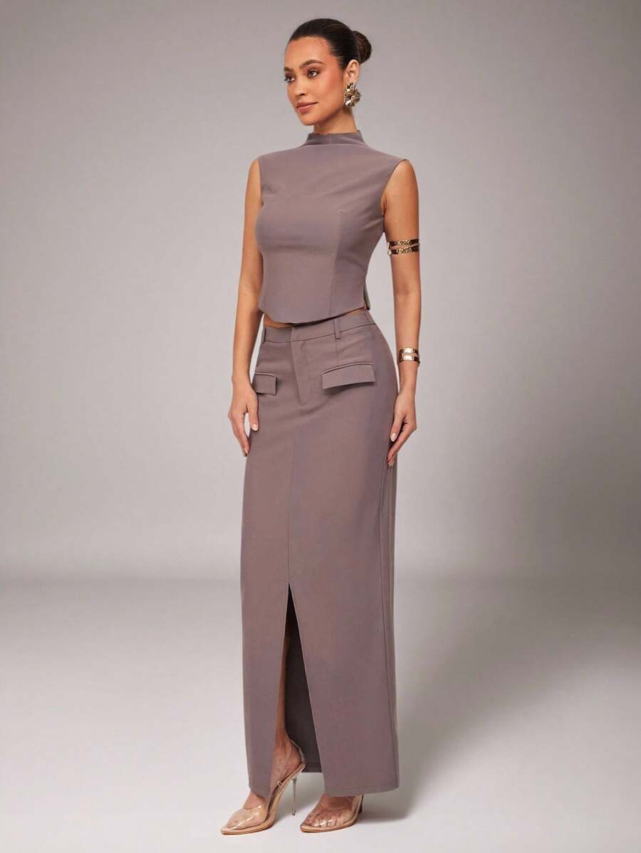 Silquee Damska jednolita szara spódnica maxi z rozcięciem na dole na lato - Szary - Zobacz 1