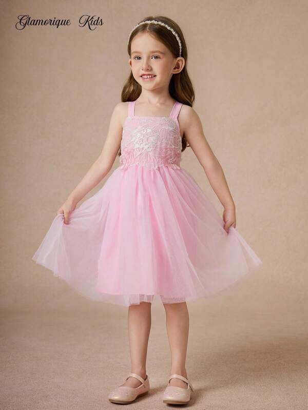 Glamorique Kids Toddler Girls' Spring/Summer New Embroidered Floral Decor Puff Hem Mesh Cute & Elegant Party/Daily Wear Spaghetti Strap High Waist Dress Pink Tulle Dress Pink Flower Girl Dress