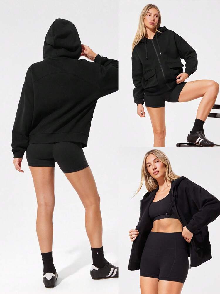 Everyday Fleece Cool Cargo Soft Lightweight Cozy Oversized Cargo Pockets Zip Hoodie Sweatshirt Daily Casual Fall Winter