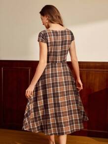 Vintamour Vintage Classic Elegant Women's Dress, Fitted Plaid Dress With Pockets, Square Collar Dress, Flared Hem Midi Dress, Suitable For Summer & Autumn,Elegant Dresses For Women - Coffee Brown - View 2