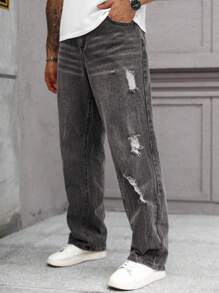 Manfinity Homme Plus Size Men's Street Fashion Casual Distressed Floral Embroidery Dark Grey Denim Jeans - Dark Grey - View 5