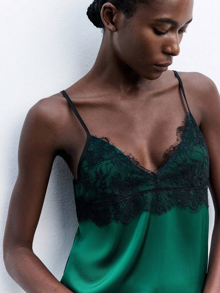 SHEIN Maija Elegant Dark Green Spaghetti Strap Cami With Contrast Lace Weddings & Events Graduation Ceremony