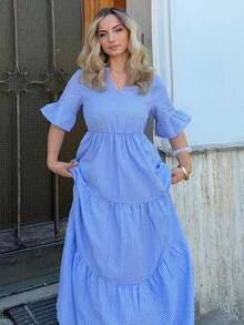 Jeta Ari Women's Vacation Casual Plaid Cut-Out Neck Long Dress - Blue and White - View 4