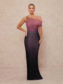 Lumalex Váy xòe vai lệch vai cho nữ có chi tiết trang trí bằng kim loại - Bụi hồng - Xem 3