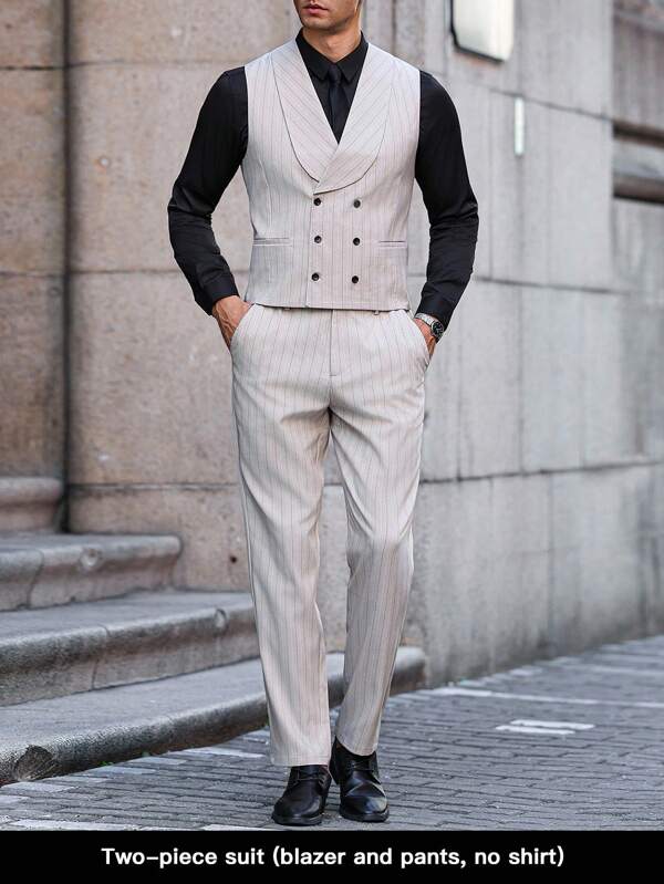 Manfinity Bizformal Set de 2 piezas de chaleco con cuello de chal y pantalones de traje de rayas para hombre de uso casual y de negocios