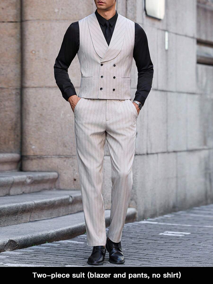 Manfinity Bizformal 2 件男士休闲商务条纹披肩领背心和西装裤套装 - 卡其色 - 查看 1
