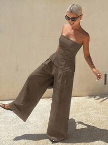 Livesso 2 件套女士纯色修身抹胸上衣和阔腿裤休闲度假套装，秋季 - 棕色 - 查看 5