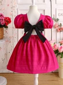 Elladie kids 女孩夏季休闲时尚纯色甜美泡泡袖连衣裙，可拆卸蝴蝶结后背设计，适合休闲度假穿着 - 粉色 - 查看 3