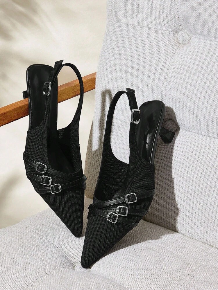 CUCCOO BASICS Women's Pointed Toe Stiletto Kitten Heel Black Knit Slingback Pumps With Ankle Strap, Comfortable Breathable Elegant Commute Daily Versatile High Heels For Christmas Spring Shoes