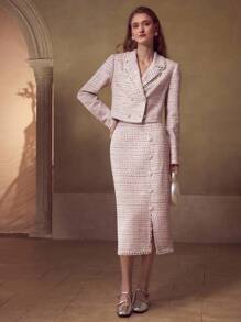 MOTF PREMIUM 粗花呢面料仿珍珠链条开衩优雅休闲日常女裙 - 紫色 - 查看 5