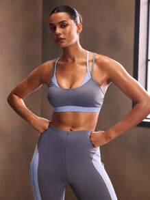 Powerista Damen Kontrast-Farbblock Sport-BH - Blau - Übersicht 3