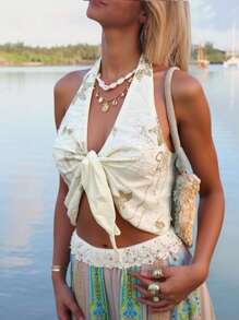 Siren Gaze Women's Summer Vacation Sequin Embroidery Front Tie Backless Halter Top - Apricot - View 3