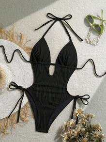 Soleia Women's Olive Green Knitted Jacquard Textured V-Neck Backless Halter One Piece Swimsuit, Suitable For Beach Black One Piece Swimsuit Black Bathing Suit Women Halter Neck Swimsuit - Black - View 1