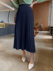 DAZY 女士纯色百褶A字裙，优雅百搭，适合春夏秋冬穿着 - 藏蓝色 - 查看 3
