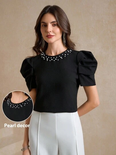 Amorya 女式圆领短袖插肩袖针织上衣，饰有珠饰和珍珠装饰，优雅的春夏季日常休闲装