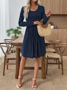 SHEIN LUNE Women's Navy Blue Polka Dot Short Dress,Elegant Autumn Casual Everyday Work Dresses For Women,Office Outfits,Birthday Modest Autumn Winter Clothes - Navy Blue - View 6