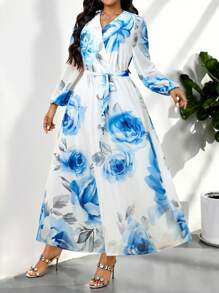 Modelyn Đầm tay đèn lồng họa tiết hoa cỡ lớn cho nữ đi nghỉ mát thanh lịch - Nhiều màu - Xem 1