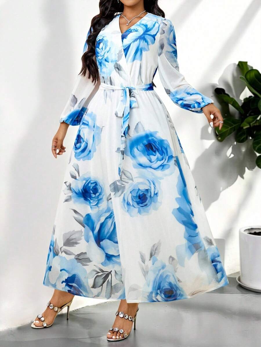 Modelyn Đầm tay đèn lồng họa tiết hoa cỡ lớn cho nữ đi nghỉ mát thanh lịch - Nhiều màu - Xem 1