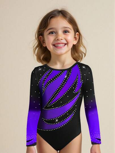 1pc Young Girls' Gymnastics Leotard, Cute Long Sleeve Jumpsuit, Dance Activewear, Black Stretchy Gymnastics Outfit Fall Winter