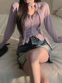 DAZY 女士休闲粉色修身开衫 - 粉色 - 查看 1