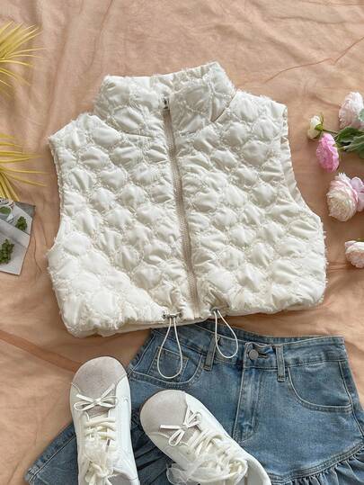 Soleia 女士拉链前抽绳下摆休闲背心夹克，冬季女士背心奶油色绗缝背心