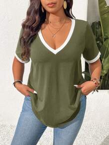 SHEIN Frenchy Áo thun nữ cổ chữ V tay ngắn màu tương phản cỡ lớn, thường ngày đa năng, mùa hè - xanh quân đội - Xem 4