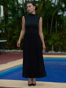 Andrea Bello Vestido maxi elegante para mujer de unicolor, con cuello de pie, dobladillo plisado y sin mangas - Negro - Ver 6