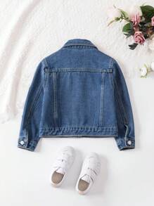 SHEIN 年轻女孩牛仔夹克和外套，休闲可爱水洗牛仔蓝色五角星刺绣修身风格校园休闲日常百搭小女孩牛仔夹克 - 中等水洗藍 - 查看 2