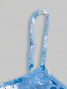 SHEIN MOD 休闲优雅蓝白花卉印花垂坠领无袖迷你连衣裙，适合夏季度假 - 彩色 - 查看 5