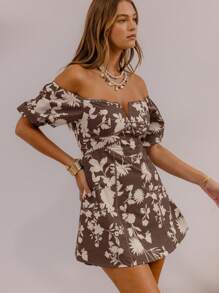 Aralina 女士休闲花卉印花露肩迷你度假连衣裙 - 咖啡棕 - 查看 8