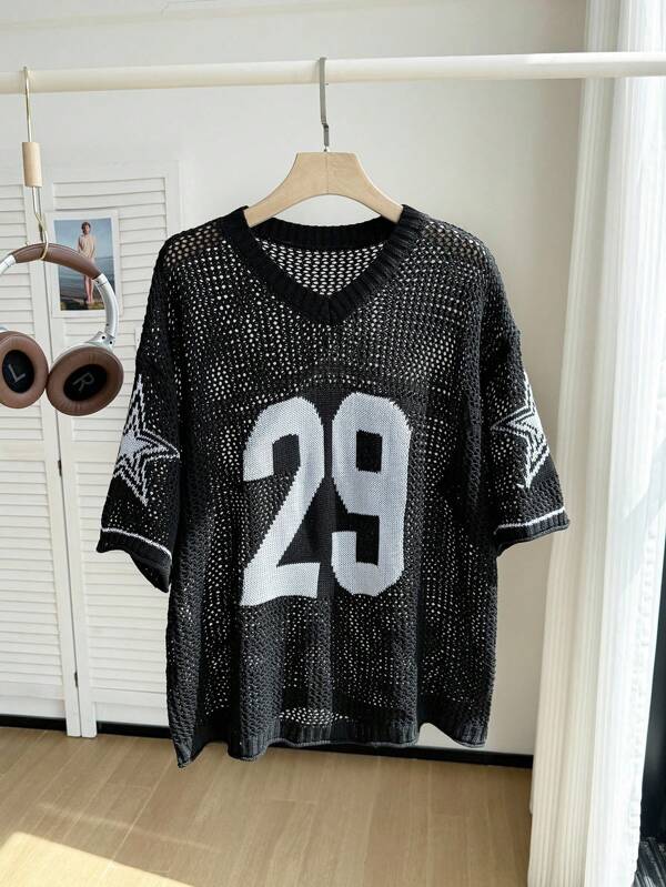 Comfortcana Plus Size Women V-Neck Sheer Fishnet Hollow Numeric Jersey Pullover Sweater