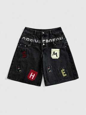 ROMWE Street Life Y2K Streetwear Style Embroidered Pocket Design Dual Waistband Relaxed Fit Low Waist Capri Jeans