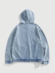ROMWE MEN Street Life Men's Autumn Long Sleeve Pocket Zipper Collar Sparkling Diamond Denim Hooded Jacket - Blue - View 8