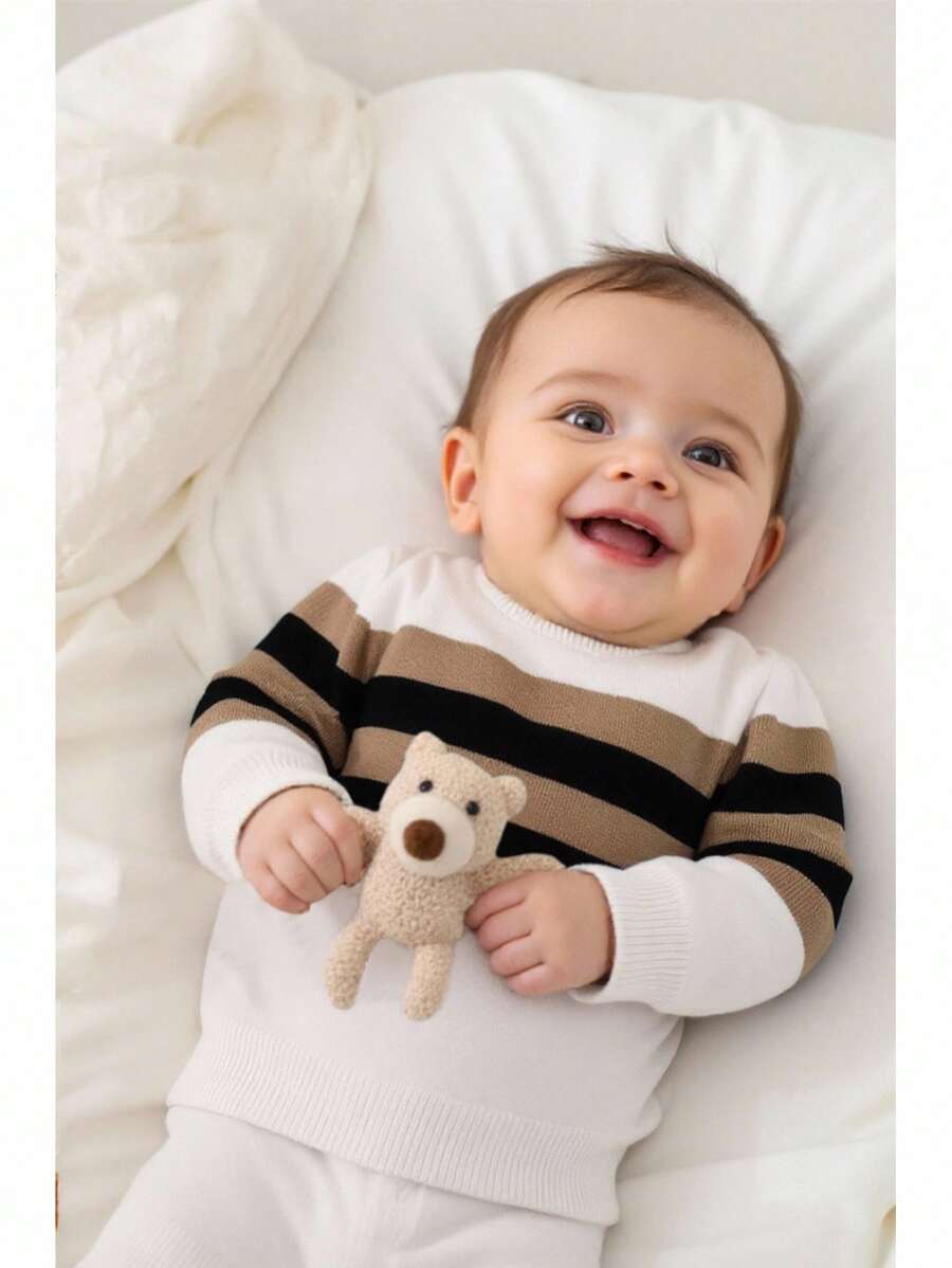 SHEIN Baby Boys Crew Neck Striped Patchwork Long Sleeve Sweaters, Multi-Color Fall Winter - White - View 1