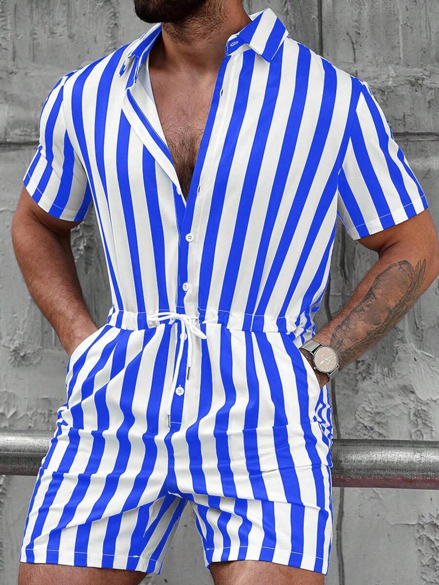 Manfinity Homme 男士条纹短袖单排扣抽绳腰口袋休闲连体裤男士条纹连体衣夏季男士连体衣 - 藍白色 - 查看 1