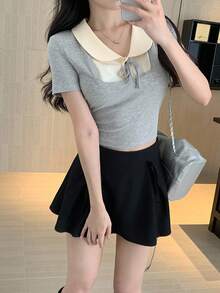 DAZY 女士圆领撞色前系带休闲短袖T恤 - 灰色 - 查看 6