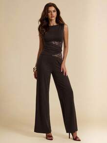 SHEIN BAE Women's Black Elegant Lace Stitching Sincere Extra Long Wide Leg Jumpsuit, Suitable For Daily Dates, Outings, Gatherings, Parties, Elegant Women's Layering, Asymmetric Wide Leg Jumpsuit, Valentine's Day Jumpsuit, Everyday Jumpsuit, Elegant Jumpsuit