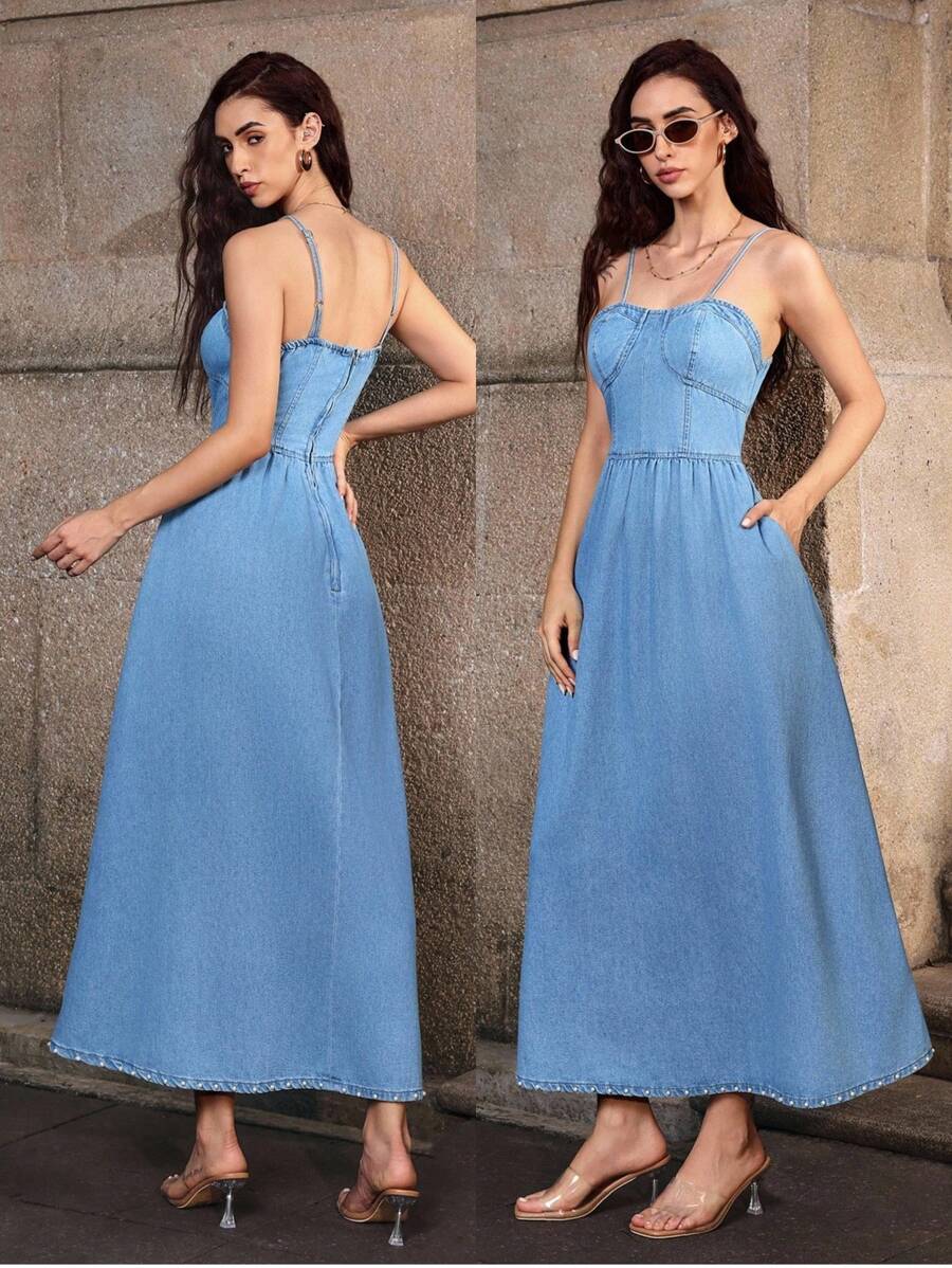 Selenza Váy denim chui đầu xếp ly thời trang thường ngày có túi dành cho nữ - Rửa trung bình - Xem 1