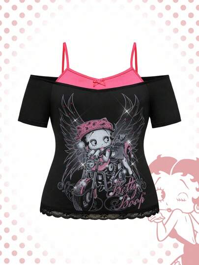 Betty Boop | ROMWE Plus Size Cartoon Figure Graphic 2 In 1 Contrast Lace Bow Rhinestone T-Shirt