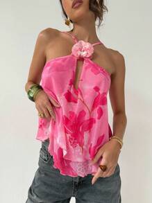 Aloruh Damen Lässig Blumen Muster Dekorativer Trägertop, Sommer