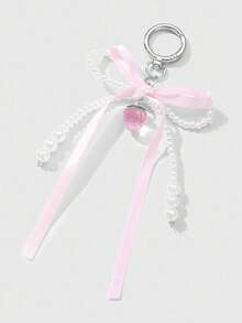 ROMWE Kawaii 1pc Elegant, Delicate, Minimalist High-End Handmade Beaded White Faux Pearl, Pink Ribbon Bow, Resin Strawberry DIY Keychain, Bag Charm, Suitable For Women, Daily Wear, Holiday Gift - Pink - View 7