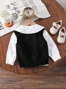 女婴开衫毛衣，黑色绿色枝条和白色刺绣，文艺休闲度假风，适合春、秋、冬季节穿着，保暖背心外套，黑色纽扣时尚开衫，女婴毛衣背心，女婴开衫，开衫，女婴针织背心，女婴毛衣背心 - 黑色 - 查看 2