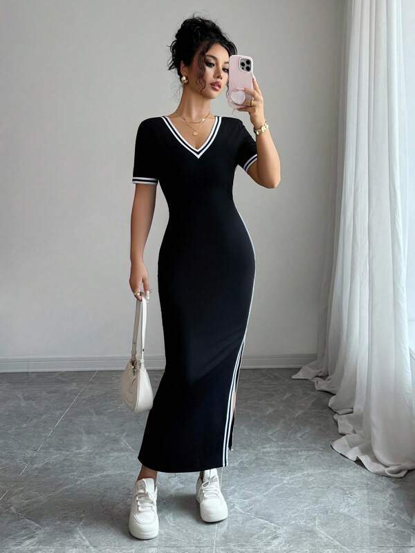 Elenzga Elegante abito da donna a maniche corte con scollo a V, vita aderente, spacco laterale e contrasto di colore in maglia elastica