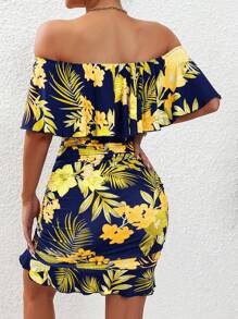 Selianne Đầm bodycon trễ vai bèo nhún in họa tiết nhiệt đới cho trang phục đi biển dành cho nữ - Màu xanh hải quân - Xem 2