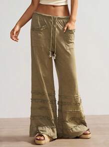 Bohemela Bohemian Style Solid Color High Waist Flared Knit Pants, Spring/Summer Ruffle Pants Boho Pants Bohemian Pants Tiered Ruffle Pants Women Ruffle Pants - Army Green - View 3