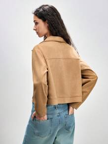 SHEIN LUNE Fashionable Casual Retro Suede Short Jacket, Casual Spring For University Fall - Khaki - View 2